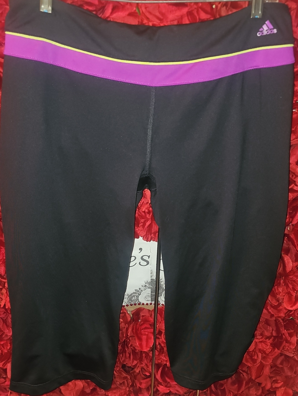 adidas Dk. Gray Capri Leggings with Purple Waistband and Yellow Trim Size Large